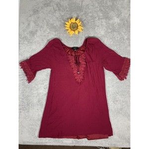 Naif Womens Shirt Dress Small Red Textured Crochet Detail Lined 3/4 Sleeve Short